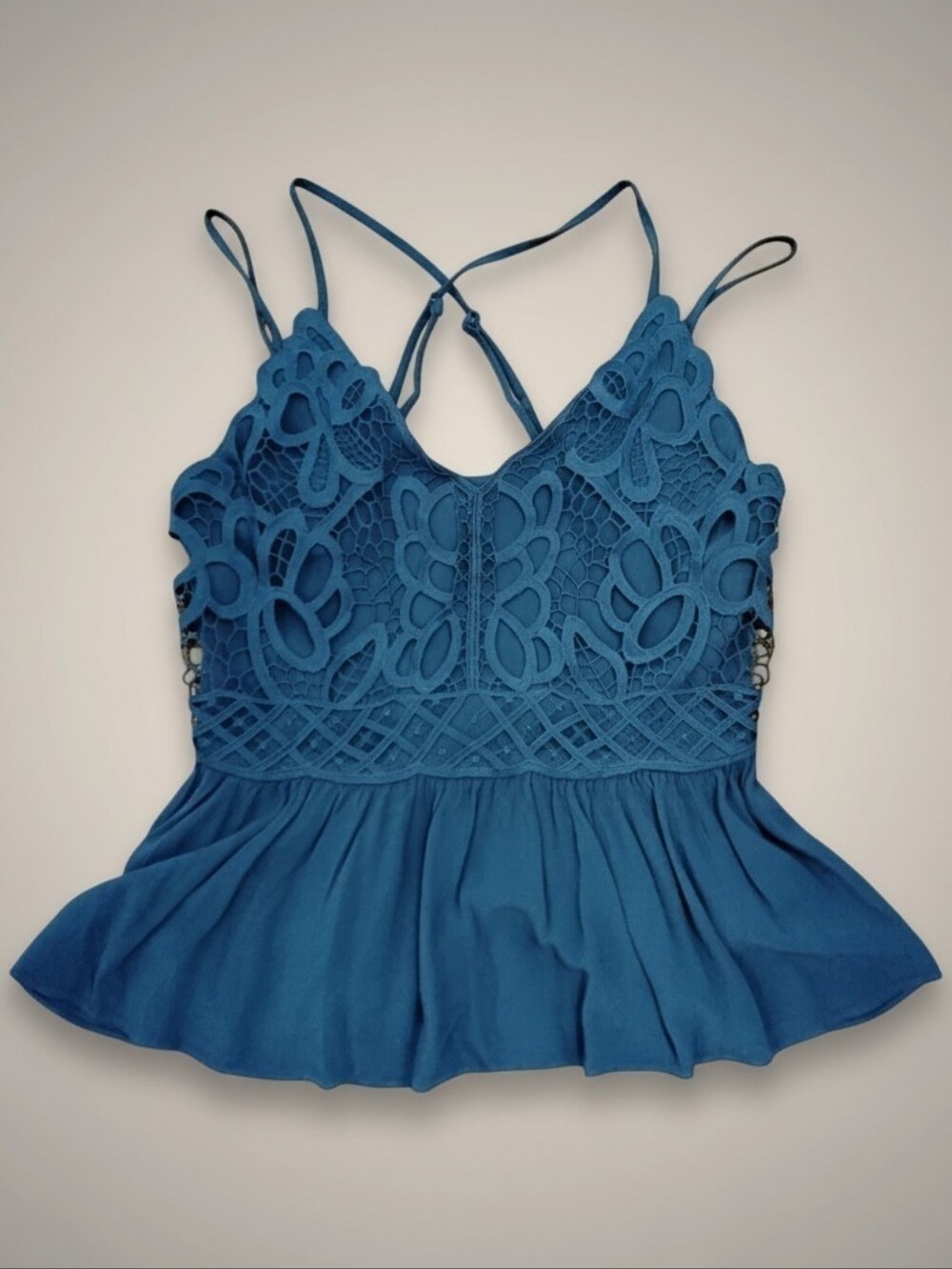 Jessica Simpson Midnight Lace Navy Peplum Spaghetti Strap Tunic – Size Medium
